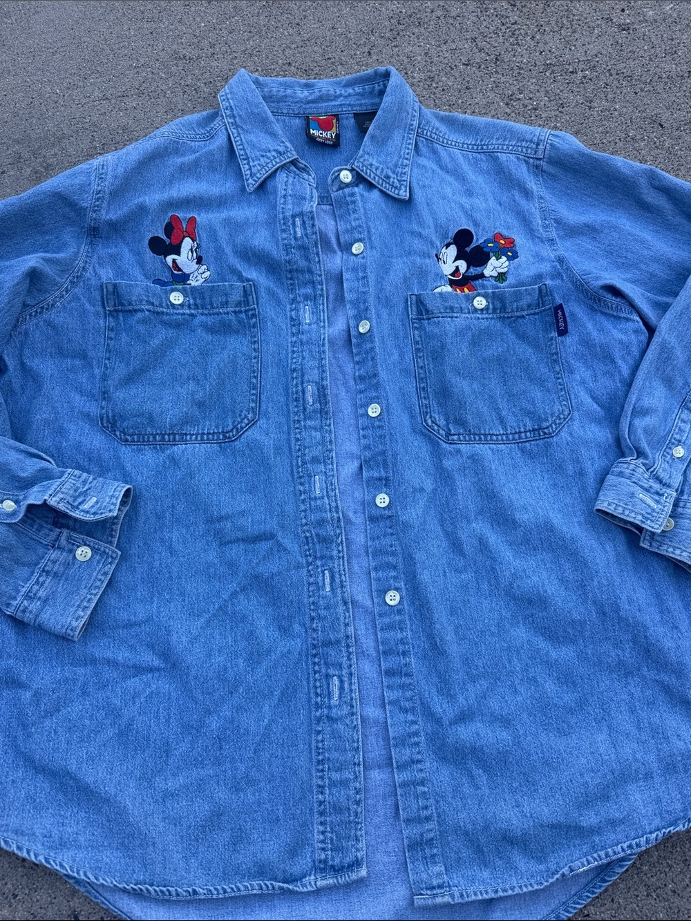 Vintage Mickey & Minnie Embroidered Denim Button-Up Shirt L